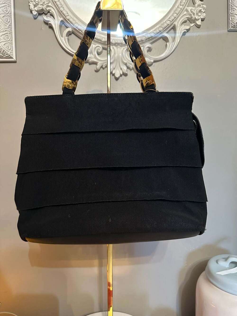 Salvatore Ferragamo Vara Tiered Grosgrain Ribbed Canvas w/ Gancini Chain Handles